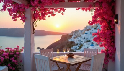 Obraz premium Table with wine glasses and flowers on balcony overlooking sea at sunset. White architecture with blue domes of village below. Peaceful evening view with romantic ambiance.