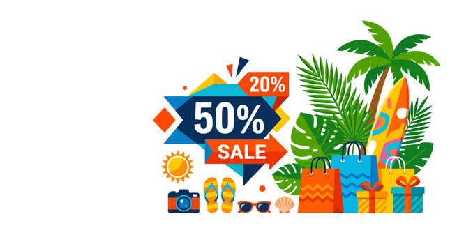 Tropical summer sale vector illustration featuring 50 percent discount banner, palm trees, monstera leaves, shopping bags, gift boxes, surfboard, camera, and sunglasses on white.