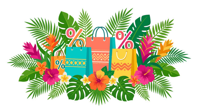 Vector Illustration of Summer Sale Banner with Colorful Patterned Shopping Bags, Tropical Hibiscus Flowers, Monstera Leaves, Palm Fronds and Pink Percentage Symbols on White.