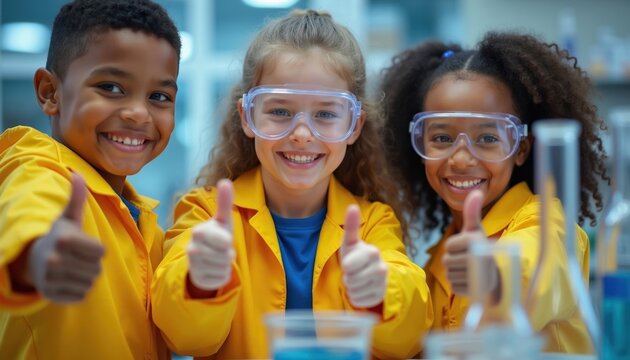Kids in yellow lab coats and goggles give thumbs up in science lab. Diverse group smiles, showing teamwork and fun learning in classroom. Joyful students pose with experiment tools.