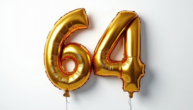Gold air balloons form number sixty four. Shiny metallic foil inflatable digits isolated on white background. Perfect for celebrations like birthdays anniversaries graduations. Use for event