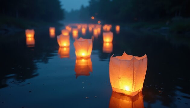 Small illuminated paper lanterns float downstream on a dark river at night. Their warm light reflects on the water surface creating a serene, peaceful mood. Many lanterns drift.