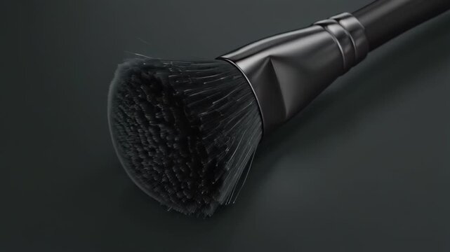 Close up of a black makeup brush on a dark surface, highlighting soft bristles and sleek handle.