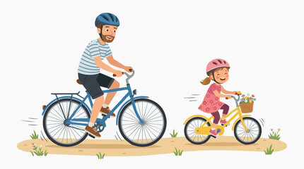 Fototapeta premium Father and Daughter Cycling Together: A father and his young daughter enjoy a leisurely bike ride on a sunny day, both wearing helmets and smiling.