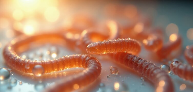 Close up of roundworms with water droplets. Microscopic view of parasitic nematodes on wet surface. Medical science concept for disease and infection study.