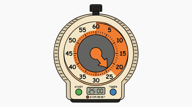 Vintage Stopwatch Timer: A detailed, retro-style stopwatch timer, featuring an orange and gray dial with clear numerical markings and a central arrow, sits ready for measurement.