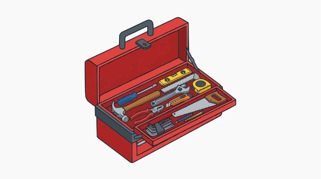 Red Toolbox with Tools: An open red toolbox displays a collection of essential tools, including a hammer, saw, wrench, and tape measure, ready for any repair or construction task.