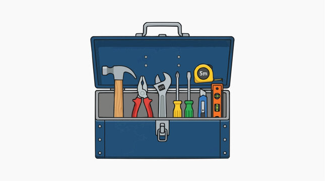Toolbox Essentials: A robust blue toolbox opens to reveal a curated collection of essential tools, including a hammer, pliers, wrenches, screwdrivers, and a measuring tape, ready for any task.