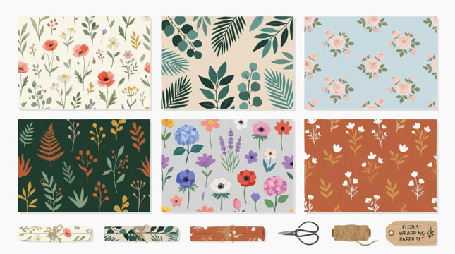 Floral Pattern Collection: A charming assortment of six distinct floral patterns, presented in a grid layout, alongside complementary decorative elements such as ribbon samples, scissors, and twine.