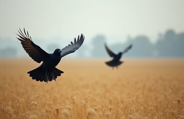 Naklejka premium Two black crows fly over a golden agricultural field under a hazy sky. Birds soar above dry grass stalks in a rural landscape during daytime. Wildlife in nature.