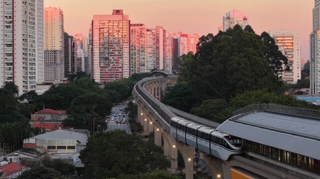 Drone view of the monorail on Avenida dos Bandeirantes with buildings of Campo Belo neighborhood in the background