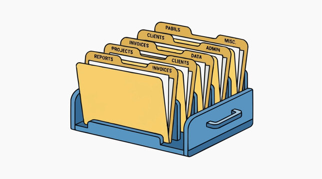 Organized Document Folder: A tidy collection of manila folders in a desk organizer, labeled with various business categories like reports, clients, and projects, suggesting order and efficiency.
