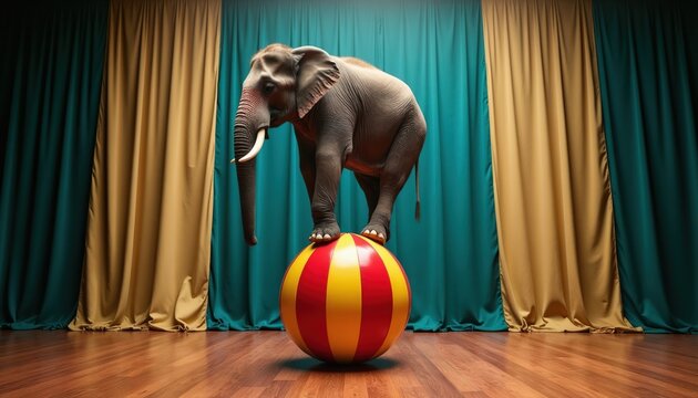 Elephant balances atop colorful striped ball on circus stage with curtains. Animal performs amazing feat of skill. Show is spectacular event, big top entertainment.