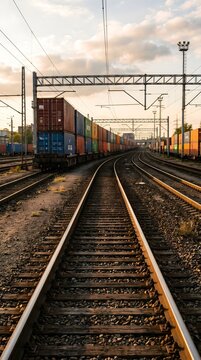 Vertical Composition of Multiple Parallel Freight Railroad Tracks Converging Toward Vanishing Point With Long Container Train and Overhead Catenary Lines at Golden Hour Industrial Rail Yard