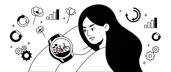 Obraz premium Smartwatch fitness tracker vector illustration of a young woman tracking daily activity, cycling workout goals, and productivity data icons, presenting a clean modern digital wellness lifestyle.