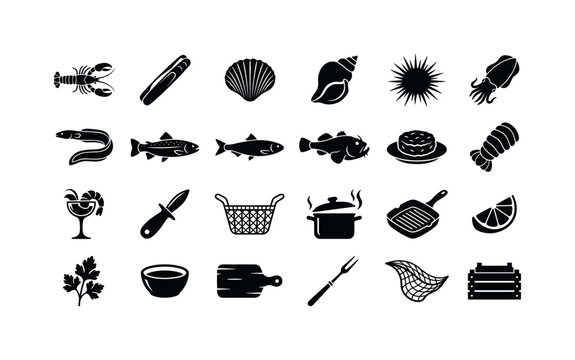 Shellfish Kitchen Icons. Solid glyph icon set of seafood cooking objects: langoustine, razor clam, cockle, whelk, sea urchin, cuttlefish, eel, trout, herring, monkfish, crab cake, lobster tail, shrimp