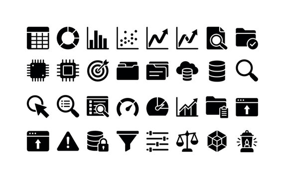 Insight Mining Icons. Solid glyph icon set of data analysis: data table, donut chart, histogram chart, scatter plot, trend ribbon, search document, result folder, processing chip, optimization target,
