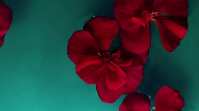 Red geranium flowers floating on turquoise watercolor background with abstract floral texture, modern botanical wallpaper, artistic bloom composition.