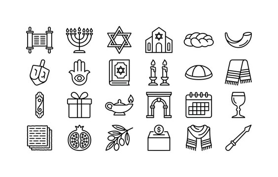 Jewish Heritage Symbols. Line icon set of Judaism: Torah scroll, menorah, Star of David, synagogue, challah bread, shofar, dreidel, hamsa hand, prayer book, sabbath candle, kippah, tallit, mezuzah