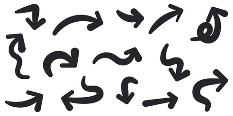 Fototapeta premium Hand Drawn Curved Arrow Symbol Set Bundle : Hand drawn arrow set with curved, bent, and directional symbols for navigation, infographics, notes, flowcharts, and creative annotations.