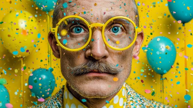 Vibrant and funny april fool's day prank attire. Experimental photography. Novelty glasses and joke nose on a lemon-hue background. Artistic distortion. Provocative poses.