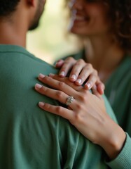 Fototapeta premium Woman puts hand on man shoulder expressing care and trust. Female support male friend, close bond, comfort, empathy shown through gentle touch and connection.