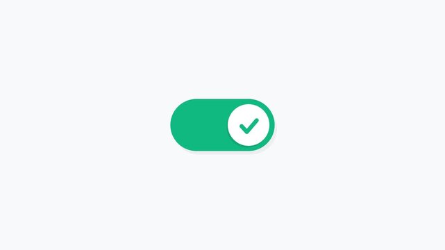 Animated toggle switch button moving from off to on position with green checkmark icon.