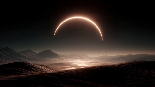 Eclipse, fantasy, mysterious, supernatural. A digital artwork depicts a vast, mountainous landscape at twilight. The sky is a gradient of dark blues and purples.