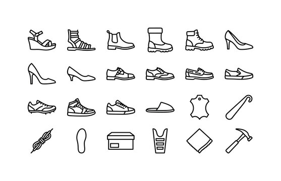 Sole Style Collection. Line icon set of shoe: wedge sandal, gladiator sandal, Chelsea boot, snow boot, work boot, dress pump, stiletto, kitten heel, monk strap shoe, brogue shoe, boat shoe, slip-on