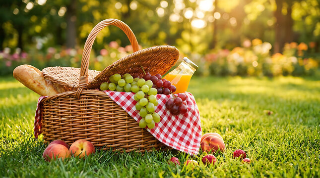 Picnic Basket with Fresh Bread and Fruits in Sunny Park, Outdoor Summer Picnic and Healthy Lifestyle Concept