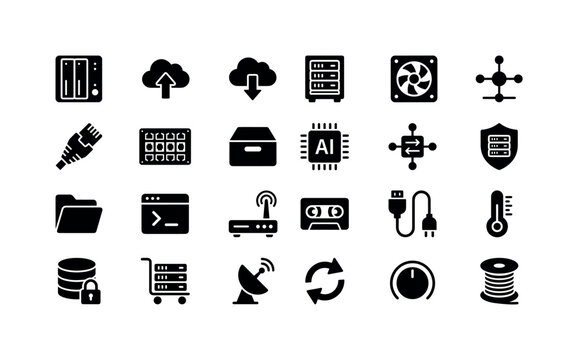 Cloud Facility Marks. Solid glyph icon set of data center and cloud computing: blade server, cloud upload, cloud download, rack cabinet, cooling vent, network node, ethernet plug, patch panel, storage