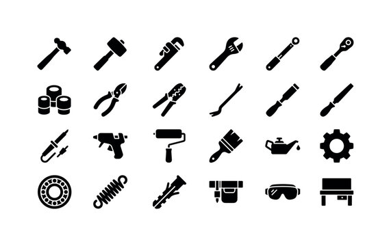 Maintenance Hardware Icons. Solid glyph icon set of modern repair equipment: ball peen hammer, rubber mallet, pipe wrench, adjustable wrench, torque wrench, ratchet handle, socket set, wire cutter,