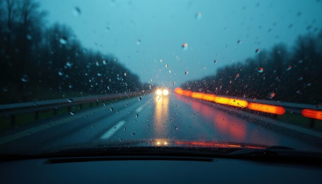 Car drives on wet highway at night. Raindrops on windshield obscure view of oncoming headlights and road lights. Gloomy weather, dark asphalt, car journey, slippery.