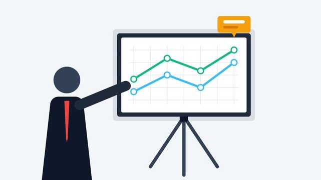 Businessman Presenting Financial Data on Whiteboard with Line Graphs.