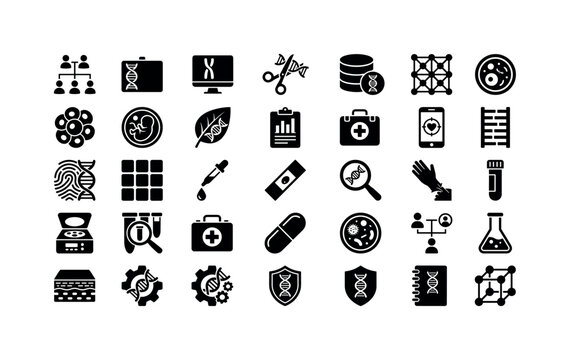 Genome Biology Testing. Solid glyph icon set of genetics testing and biotechnology: heredity tree, DNA sample card, chromosome analysis screen, gene editing scissors, genome database, molecular grid,