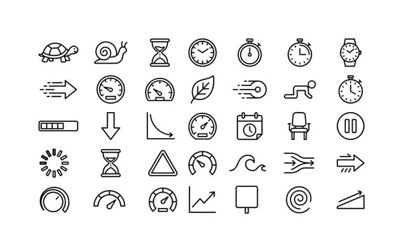 Slow Time Motion. Line icon set of slow speed and time objects: turtle, snail, hourglass, clock, stopwatch, timer, watch, slow arrow, speedometer low, dashboard gauge, patience leaf, motion trail,