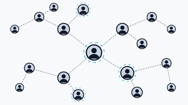 Social Network Connection Animation with User Icons and Dotted Lines on White Background.