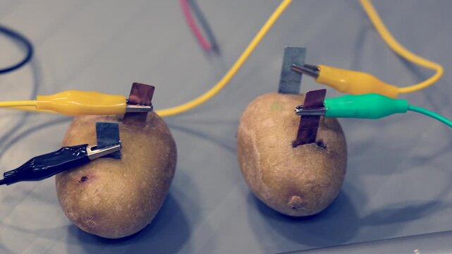 Potato battery experiment with metal electrodes and connected wires shown during a science event. Two potatoes hold copper and zinc elements linked by alligator clip wires