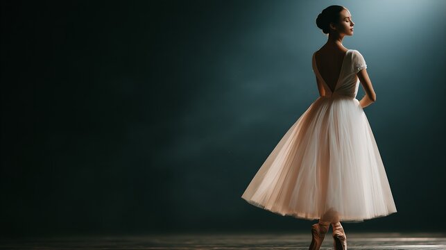 Female dancer in white dress stands under dramatic stage light