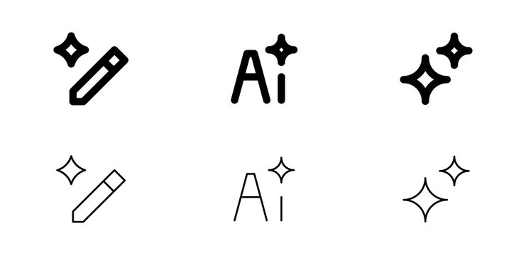 AI Generation Symbols and Sparkle Icon Set : Minimal AI symbol set with magic wand, sparkling stars, and stylized text marks for automation, generated, creation, editing, and smart tools.
