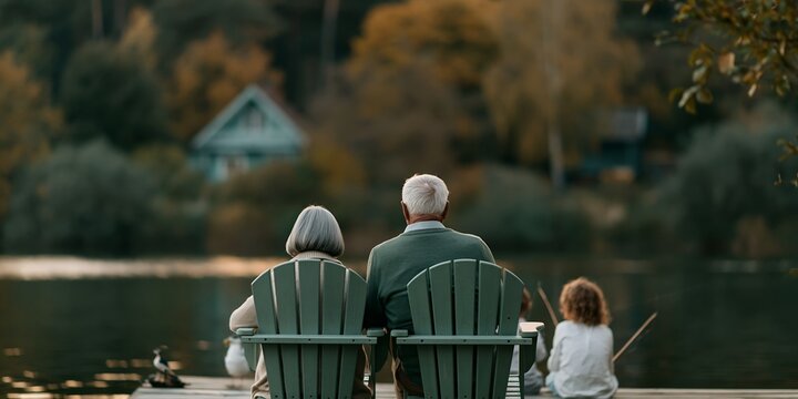 Elderly couple and child enjoy lakeside tranquility during autumn
