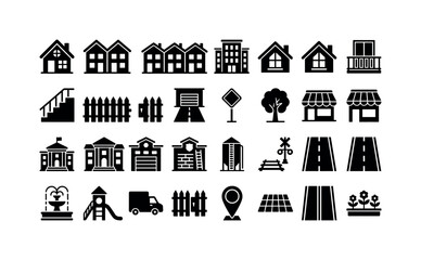 Fototapeta premium Neighborhood Block Icons. Solid glyph icon set of small town architecture: cottage, duplex house, row house, central apartment block, attic window, balcony, stairs, picket gate, driveway, traffic