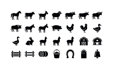 Naklejka premium Pasture Animal Glyphs. Solid glyph icon set of farm animals and rural livestock: horse, cow, goat, sheep, ox, bull, buffalo, donkey, pig, hen, rooster, duck, goose, rabbit, llama, alpaca, barn,