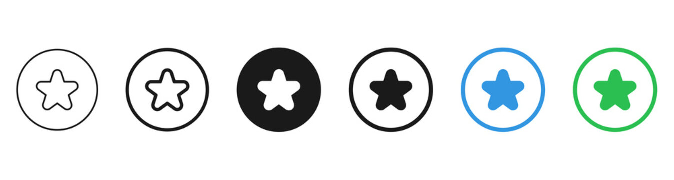 Star Favorite Rating Button Icon Collection : Star favorite button set in outline, solid, and colored circle styles for rating, featured content, bookmarks, and quality selection states.