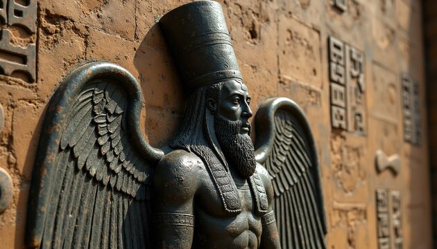 Winged Anunnaki deity bas-relief. Ancient Mesopotamian structure shows bearded man with tall crown and detailed wings. Cuneiform script adorns wall.