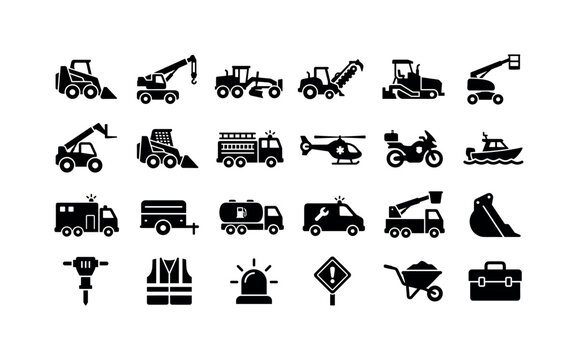 Rescue Work Icons. Solid glyph icon set of construction and emergency vehicles: skid steer loader, mobile crane, grader, trencher, paver machine, boom lift, telehandler, compact loader, fire engine,