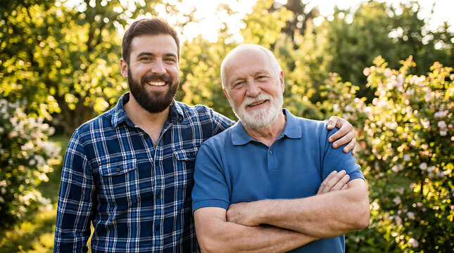 Happy Father and Adult Son Standing Together Outdoors, Multi-Generational Family Portrait Showing Love, Bonding and Happiness in Nature