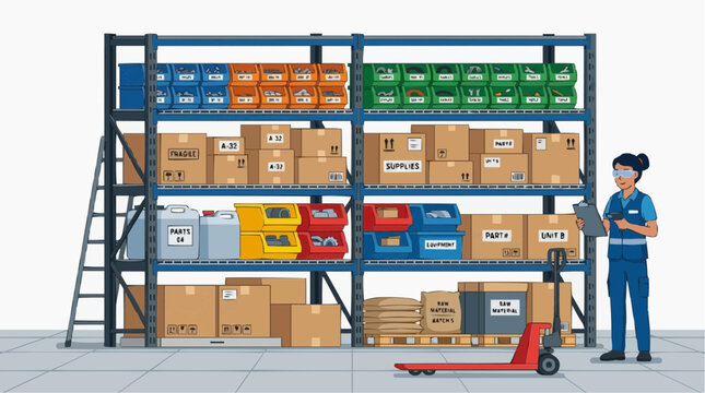 Warehouse Inventory Management: A meticulous inventory manager oversees a well-organized warehouse, meticulously checking stock on shelves with a clipboard, surrounded by boxes, supplies.