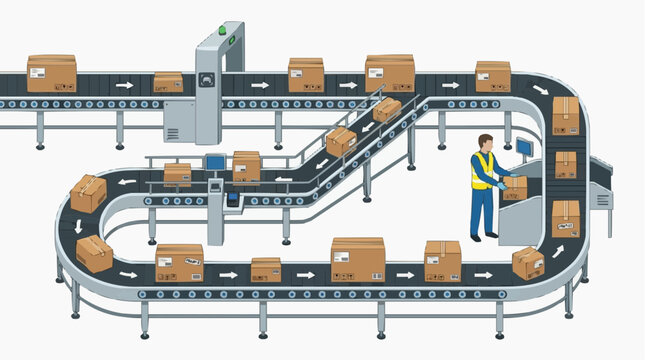 Automated Packaging Line: A comprehensive view of a modern automated packaging and sorting system, with boxes moving along conveyor belts. A worker supervises the process.