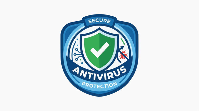 Secure Antivirus Protection Shield: A vibrant blue shield emblem signifies robust antivirus protection, featuring a green shield with a white checkmark, indicating security against digital threats.